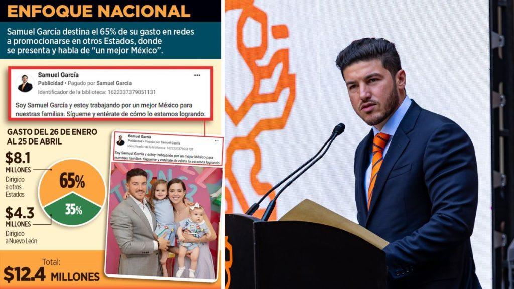 Hombre De Traje Azul Con Corbata Naranja Da Un Discurso En Un Podio Frente a Una Pantalla Grande; a La Izquierda Se Ve Una Infografía Con El Título Enfoque Nacional, Recortes De Redes Sociales Y Un Gráfico Circular De Porcentajes. - Especies Políticas
