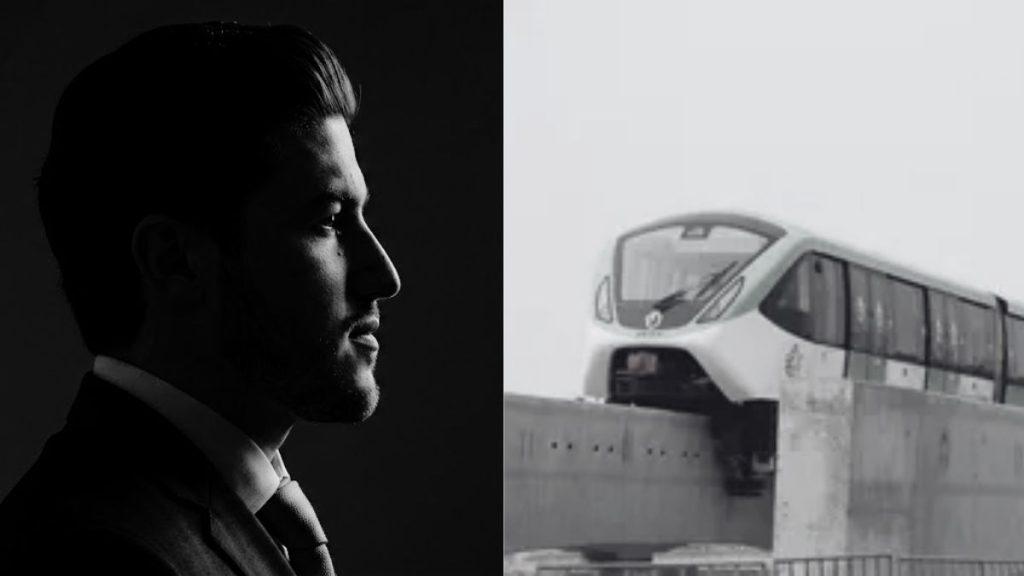 Side-profile Portrait of a Man in a Suit on the Left and a Modern White Passenger Train on an Elevated Track to the Right, in Grayscale. - Especies Políticas