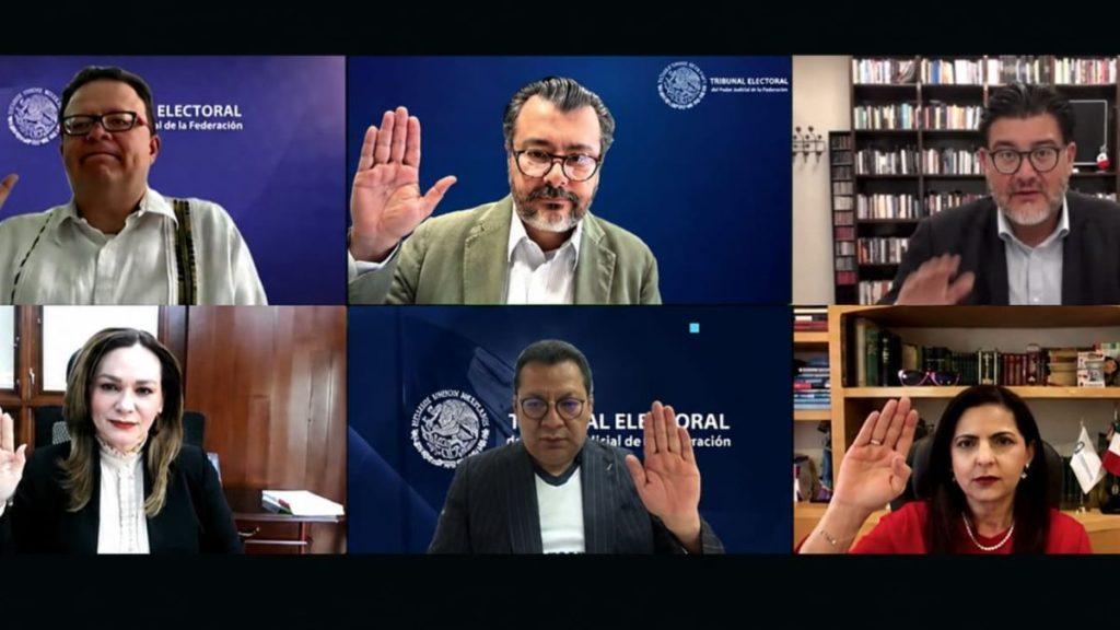 Six People in a Grid Participate in a Virtual Oath, Each Raising Their Right Hand. - Especies Políticas