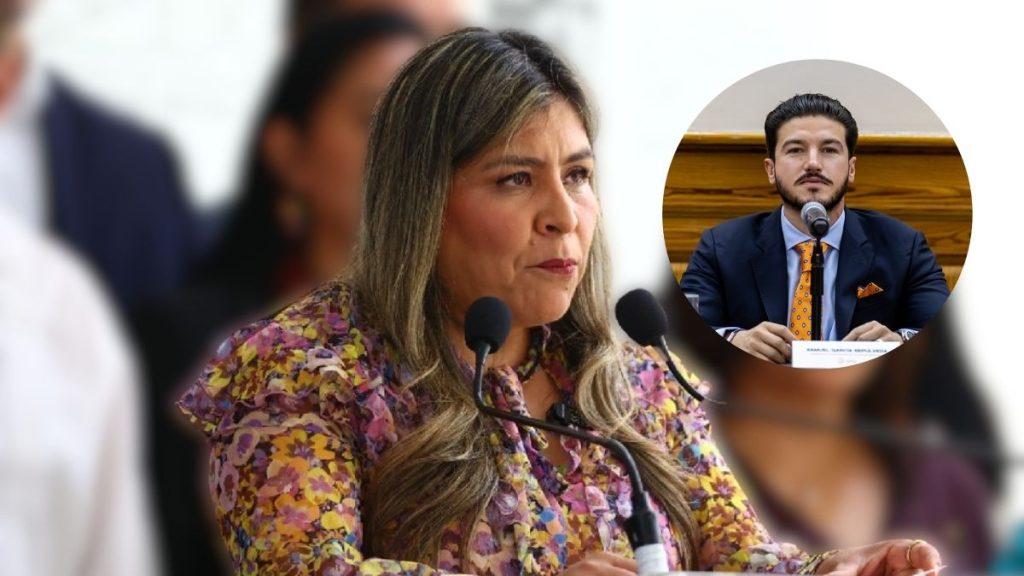 Woman in a Floral Blouse Speaks at a Podium with Microphones; a Man in a Suit Appears in a Circular Inset at a Hearing Table. - Especies Políticas