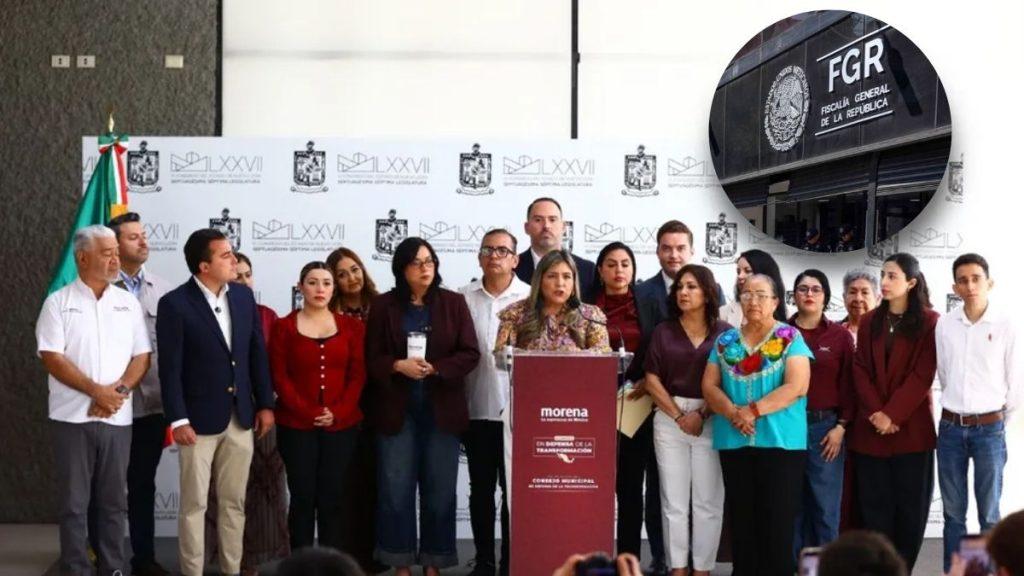 Group of Diverse Officials on a Stage Behind a Maroon Morena Podium at a Press Conference, Mexican Flag on the Left and a Branded Backdrop. Inset Circle Shows a Building with Fgr Signage. - Especies Políticas
