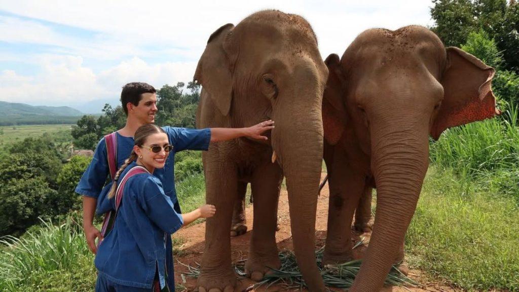 Two Travelers in Blue Outfits Interact with Two Elephants on a Grassy Hillside, Smiling at the Camera. - Especies Políticas