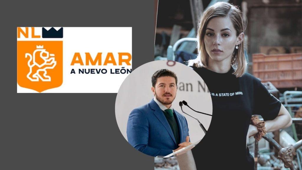 Collage Showing the Amar Logo (a Mano LeÓn) on the Left, a Woman in a Black Shirt on the Right, and a Man in a Blue Suit Speaking at a Podium in a Circular Overlay in the Center. - Especies Políticas