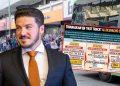 Samuel-garcia-hacia-desvios - Especies Políticas Man in a Navy Suit and Orange Tie Stands in Foreground with a Large Bus Displaying a Spanish-language Infographic About a Political Scam in the Background. - Especies Políticas