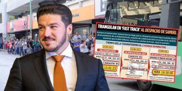 Man in a Navy Suit and Orange Tie Stands in Foreground with a Large Bus Displaying a Spanish-language Infographic About a Political Scam in the Background. - Especies Políticas