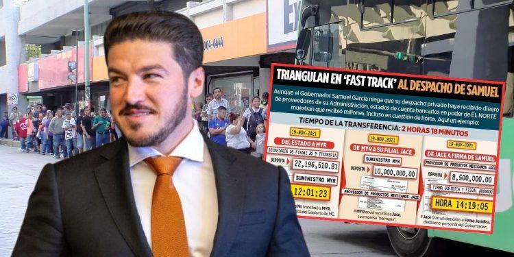 Samuel-garcia-hacia-desvios - Especies Políticas Man in a Navy Suit and Orange Tie Stands in Foreground with a Large Bus Displaying a Spanish-language Infographic About a Political Scam in the Background. - Especies Políticas