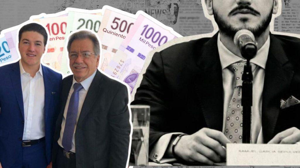 Two Men in Suits Pose in Front of Overlapping Banknotes; a Speaker Stands at a Microphone on the Right. - Especies Políticas