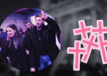 Smiling couple walking arm-in-arm through a crowd, with a large pink hashtag graphic on the right.