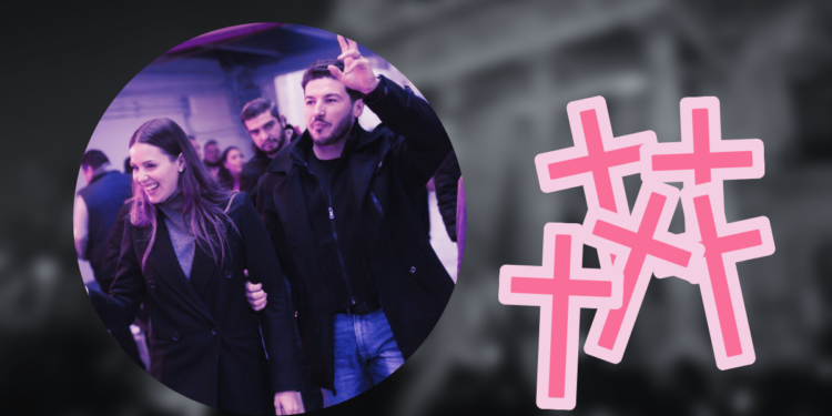 Mujeres-asesinadas-en-nuevo-leon - Especies Políticas Smiling Couple Walking Arm-in-arm Through a Crowd, with a Large Pink Hashtag Graphic on the Right. - Especies Políticas