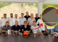 Group of Men Around a Long Outdoor Table; a Yellow Circle Highlights a Zoomed Area with a Warning Icon and the Spanish Text 'quiero Que Quede Claro'. - Especies Políticas