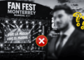 Concert Stage for Fan Fest Monterrey Mundial 2026 with a Live Band; a Blurred Man in Foreground and Yellow Question Marks with a Red X Overlay, Signaling Confusion or Error. - Especies Políticas