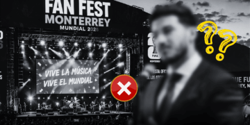 Concert Stage for Fan Fest Monterrey Mundial 2026 with a Live Band; a Blurred Man in Foreground and Yellow Question Marks with a Red X Overlay, Signaling Confusion or Error. - Especies Políticas