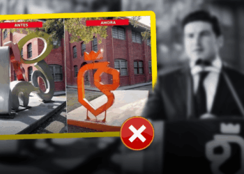 Side-by-side campus sculptures labeled 'ANTES' and 'AHORA' inside a yellow frame; a red X badge overlaps, with a grayscale man speaking at a podium in the background.