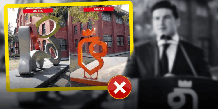 Side-by-side Campus Sculptures Labeled 'antes' and 'ahora' Inside a Yellow Frame; a Red X Badge Overlaps, with a Grayscale Man Speaking at a Podium in the Background. - Especies Políticas