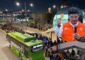 Crowd Lined Up at a Bus Terminal at Night, Next to a Green Bus; a Large Circular Image Shows a Man in an Orange Safety Vest Speaking into a Microphone. - Especies Políticas